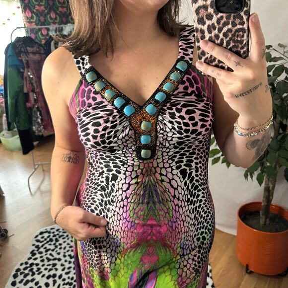 Y2k Vintage Beaded Mixed Print V-Neck Mini Dress Rainbow - Picture 4 of 5